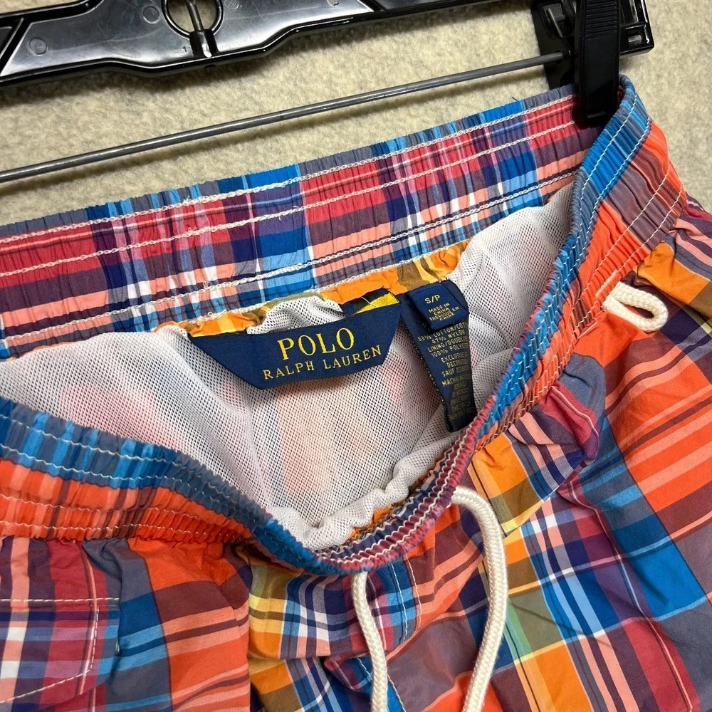 Polo Ralph Lauren Mens Swim Trunks Multicolor Plaid Drawstring Pony Logo Beach S